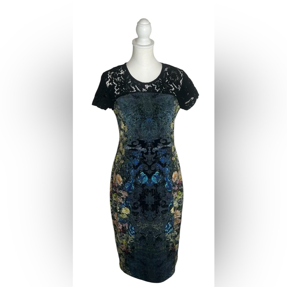 AMELIA Black Lace Yoke Floral-Print Midi Dress EUC Sz 10 Bodycon Wearable Art